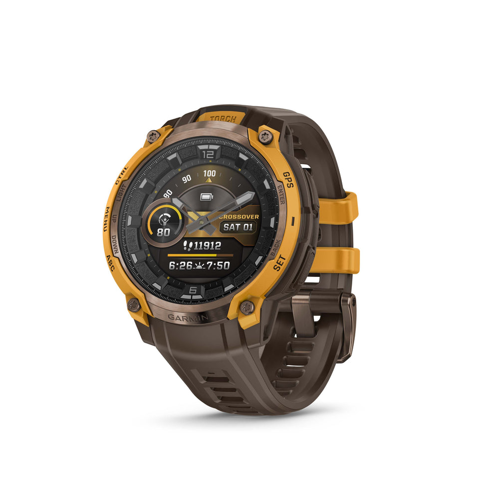 Garmin - Instinct Crossover AMOLED GPS Smartwatch 47 mm Fiber-reinforced Polymer - Bronze/sunburst with cocoa silicone band - (2025)