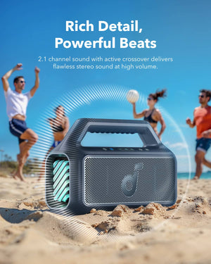 Soundcore - de Anker Boom 2 Altavoz Bluetooth flotante e impermeable IPX7 de 80 W con subwoofer, BassUp 2.0 y efectos de luz RGB personalizados - Negro