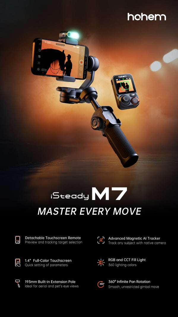 Hohem - iSteady M7 3-Axis Gimbal Stabilizer for Smartphone w/ AI Tracking, Remote Control, Extendable Pole, & Magnetic RGB Light - Black