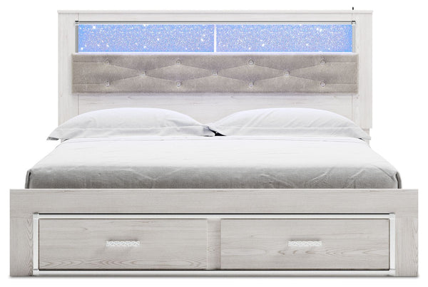 Altyra - Cama tapizada King con librero y almacenamiento - Blanco