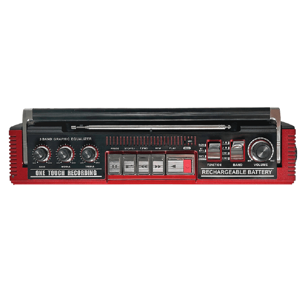 QFX - RECHARGEABLE CASSETTE AM/FM/SW1-2 RADIO BLUETOOTH BOOMBOX WITH USB RECORDING - Red