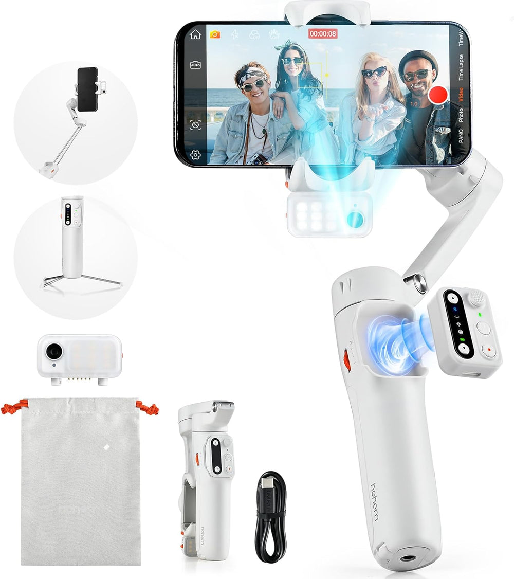 Hohem - iSteady V3 3-Axis Gimbal Stabilizer for Smartphone w/ AI Tracking, Detachable Remote, Extendable Pole, & Magnetic Light - White