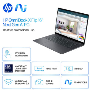 HP - OmniBook X Flip 2-in-1 - Copilot+ PC - 16" 2K Touch-Screen Laptop - Intel Core Ultra 7 256V '24 - 16GB Memory - 1TB SSD - Eclipse Gray