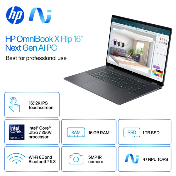 HP - OmniBook X Flip 2-in-1 - Copilot+ PC - 16" 2K Touch-Screen Laptop - Intel Core Ultra 7 256V '24 - 16GB Memory - 1TB SSD - Eclipse Gray