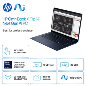 HP - OmniBook X Flip 2-in-1 - 14" 2K Touch-Screen Laptop - Intel Core Ultra 7 256V 2024 - 16GB Memory - 1TB SSD - Copilot+ PC - Atmospheric Blue