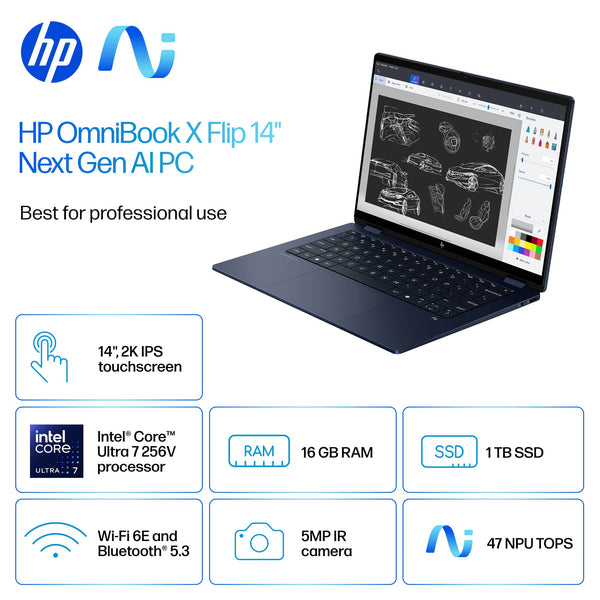 HP - OmniBook X Flip 2-in-1 - 14" 2K Touch-Screen Laptop - Intel Core Ultra 7 256V 2024 - 16GB Memory - 1TB SSD - Copilot+ PC - Atmospheric Blue