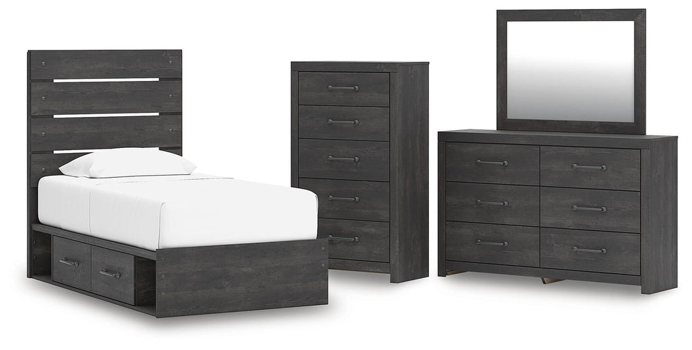 Hollivern - 4 Pc. - Twin Panel Storage Bed, Dresser, Mirror And Chest - Dark Gray