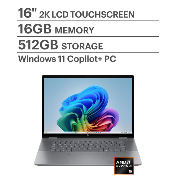 HP - OmniBook X Flip 2-in-1 - 16" 2K Touch-Screen Laptop - AMD Ryzen AI 5 340 (2025) - 16GB Memory - 512GB SSD - Copilot+ PC - Meteor Silver