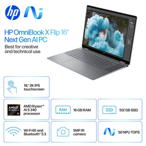 HP - OmniBook X Flip 2-in-1 - 16" 2K Touch-Screen Laptop - AMD Ryzen AI 5 340 (2025) - 16GB Memory - 512GB SSD - Copilot+ PC - Meteor Silver