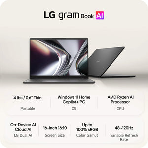 LG - gram Book 16" Copilot+ PC Touchscreen Laptop with AMD Ryzen AI 7 445 -16GB RAM -1TB SSD - Titan Black