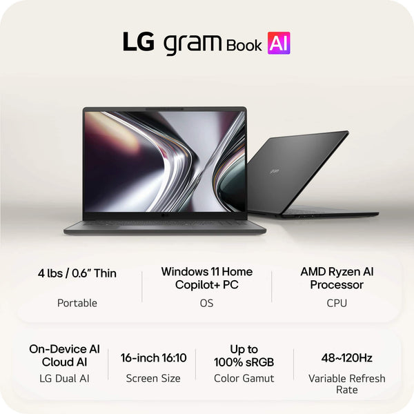 LG - gram Book 16" Copilot+ PC Touchscreen Laptop with AMD Ryzen AI 7 445 -16GB RAM -1TB SSD - Titan Black
