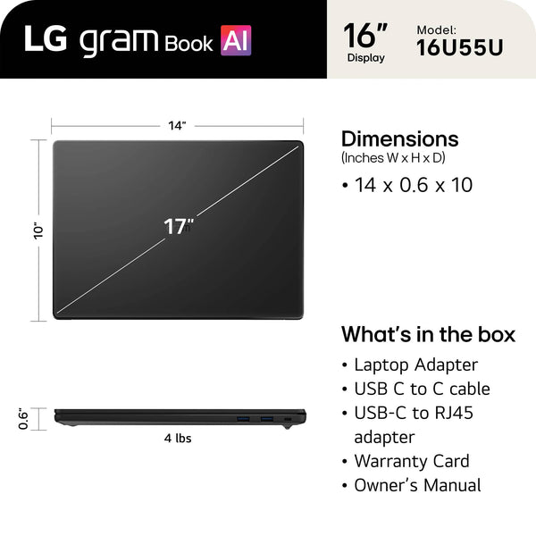 LG - gram Book 16" Copilot+ PC Touchscreen Laptop with AMD Ryzen AI 7 445 -16GB RAM -1TB SSD - Titan Black
