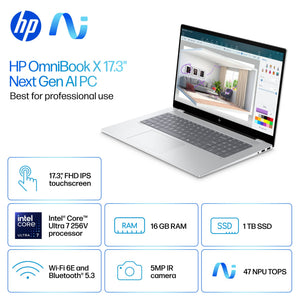 HP - OmniBook X - 17.3" FHD Touch-Screen Laptop - Intel Core Ultra 7 256V (2024) - 16GB Memory - 1TB SSD - Copilot+ PC - Glacier Silver