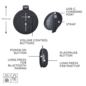 Ultimate Ears - MINIROLL Ultra-Portable Waterproof Bluetooth Speaker with 131 ft Range - Gentle Black