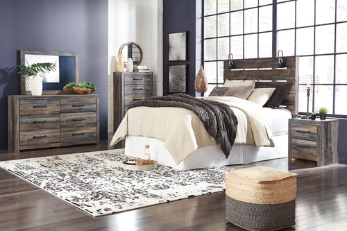 Drystan - Bedroom Set #darkgray #6pc.panelheadboard,bedframe,dresser,mirror,chest,nightstand #queen