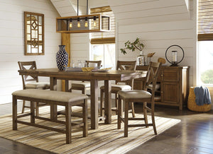 Moriville - Rectangular Dining Table Set - Counter Height #7pc.table,4barstools,bench,server
