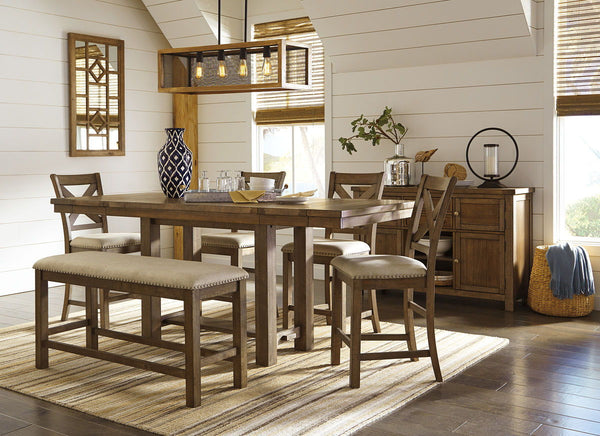 Moriville - Rectangular Dining Table Set - Counter Height #7pc.table,4barstools,bench,server