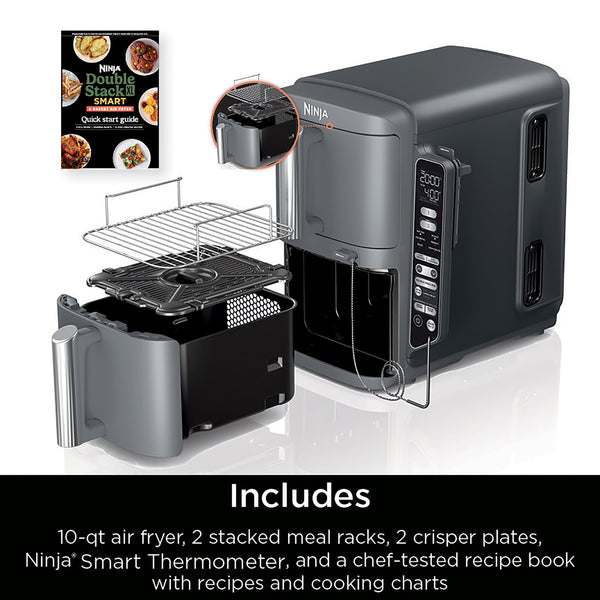 Ninja - Smart DoubleStack XL 2-Basket Air Fryer with Leave-in Thermometer, 10 QT, 6-in-1 Smart Cook System, Space Saving Design - Deep Gray