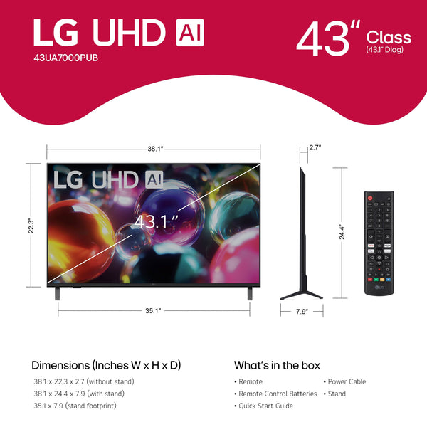 LG - 43” Class UA7000 Series LED AI 4K UHD Smart webOS TV (2025)