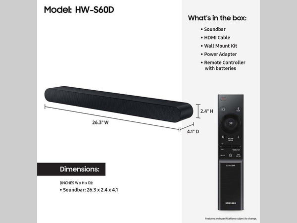 Samsung - HW-S60D 5.0 Channel S-Series All-in-one Soundbar, Dolby Atmos and Q-Symphony - Black
