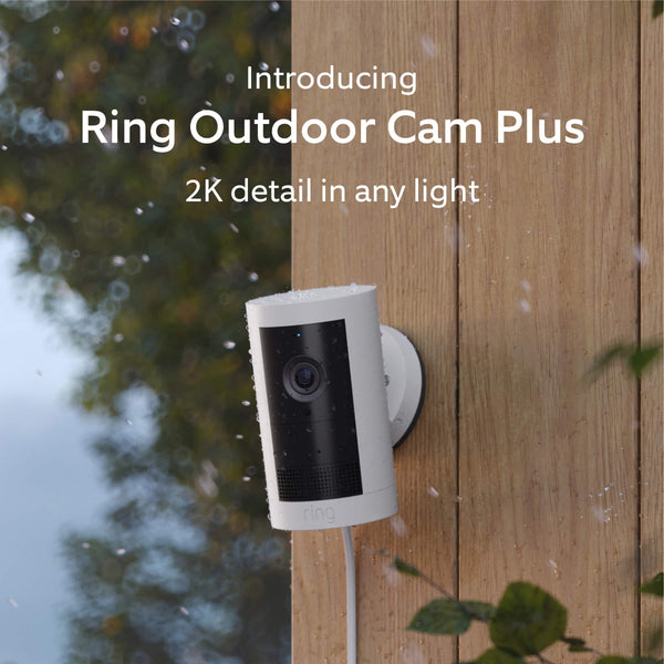 Ring - Outdoor Cam Plus, Plug-In, Wide-Angle 2K Video, Low-Light Sight for full-color night vision, Mount-anywhere versatility - White