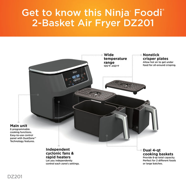 Ninja - Foodi 6-in-1 8-qt. 2-Basket Air Fryer with DualZone Technology & Air Fry, Roast, Broil, Bake, Reheat & Dehydrate - Dark Gray