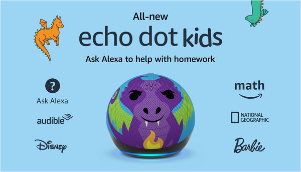 Echo Dot Kids with Alexa (newest model), Designed for kids, w/ parental controls, Includes 1 Year of Amazon Kids+ - Fire Dragon