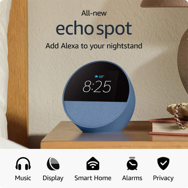 Amazon - Echo Spot (2024 release), Smart alarm clock with vibrant sound and Alexa - Ocean Blue