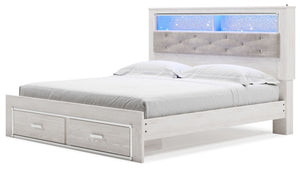 Altyra - Cama tapizada King con librero y almacenamiento - Blanco