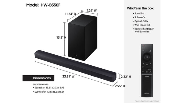 Samsung - B-Series HW-B550F 2.1Ch DTS Virtual:X Soundbar with Subwoofer - Titan Black
