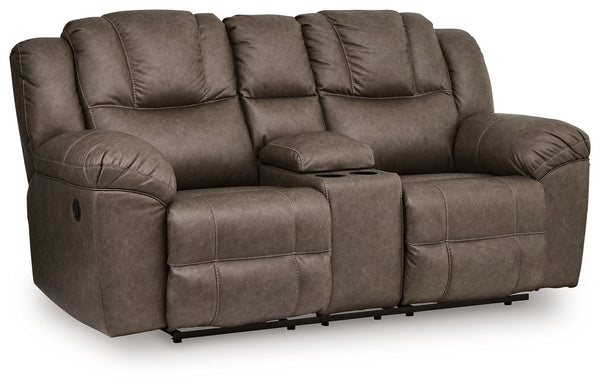 Lowilla - Sofá biplaza reclinable doble con consola - Driftwood