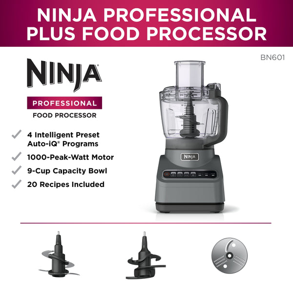 Ninja - Professional Plus Food Processor, 1000 Peak Watts, 9-Cup Capacity, 4 Auto-iQ Preset Programs - Cloud Silver