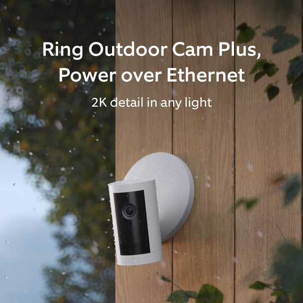 Outdoor Cam Plus, Power over Ethernet with Wide-Angle 2K Video, Ring Vision and Low-Light Sight for color night vision - White