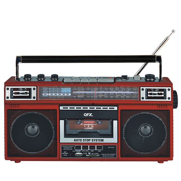 QFX - RECHARGEABLE CASSETTE AM/FM/SW1-2 RADIO BLUETOOTH BOOMBOX WITH USB RECORDING - Red