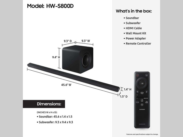 Samsung - HW-S800D 3.1.2 Channel Q-Series Ultra Slim Soundbar with Wireless Subwoofer, Dolby Atmos and Q-Symphony - Titan Black