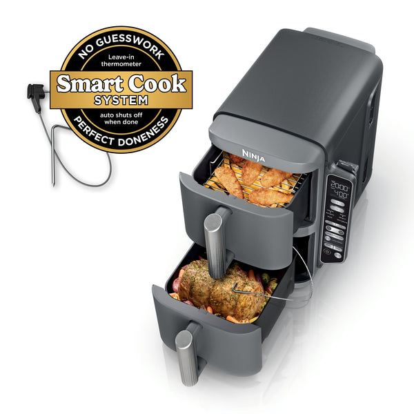 Ninja - Smart DoubleStack XL 2-Basket Air Fryer with Leave-in Thermometer, 10 QT, 6-in-1 Smart Cook System, Space Saving Design - Deep Gray