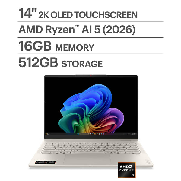 Lenovo - Yoga 7a 2-in-1 14" 2K OLED Touchscreen Laptop - AMD Ryzen AI 5 430 2026- 16GB Memory - 512GB SSD - Copilot+ PC - Seashell