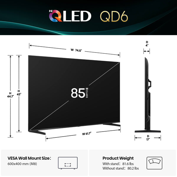 Hisense - 85" Class QD6 Series Hi-QLED 4K UHD HDR Smart Fire TV (2025)