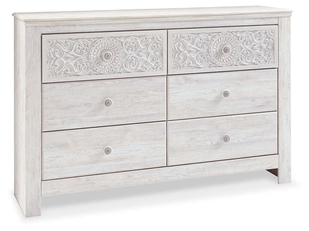 Paxberry - Six Drawer Dresser - Medallion Drawer Pulls - Whitewash