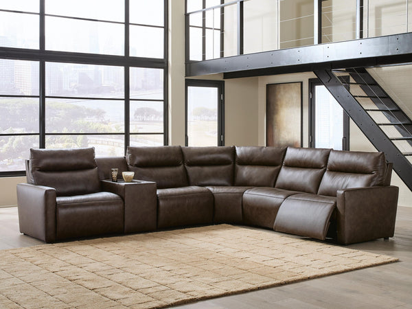 ModZ - Power Reclining Sectional #darkbrown #6pc.powerrecliningsectionalwithaudioconsole|6pc.powerrecliningsectionalwith2armlesschairsandaudioconsole