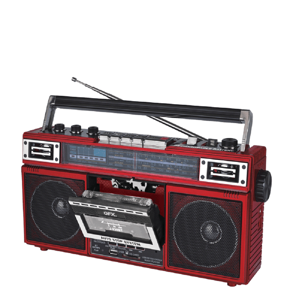 QFX - RECHARGEABLE CASSETTE AM/FM/SW1-2 RADIO BLUETOOTH BOOMBOX WITH USB RECORDING - Red