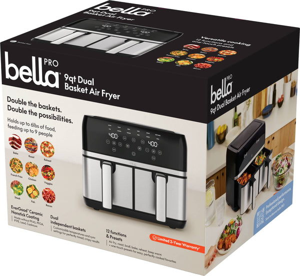 bella PRO - 9-qt. Dual Basket Air Fryer with 12 Functions & Presets - Stainless Steel