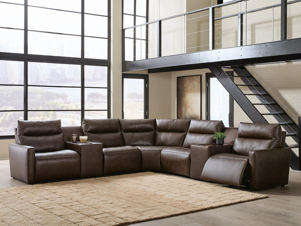 ModZ - Power Reclining Sectional #darkbrown #7pc.powerrecliningsectionalwith2audioconsoles|7pc.powerrecliningsectionalwith2armlesschairsand2audioconsoles