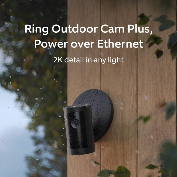Outdoor Cam Plus, Power over Ethernet with Wide-Angle 2K Video, Ring Vision and Low-Light Sight for color night vision - Black