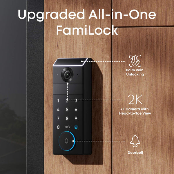 eufy - FamiLock S3 Max WiFi Replacement Deadbolt with 2K Video Doorbell and Palm Scanner - Gray