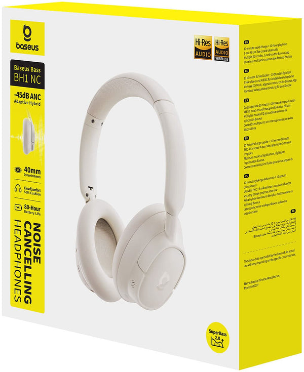 Baseus - Bass BH1 NC Over-the-Ear Headphones,-45 dB ANC,LDAC Hi-Res,80-Hour Playtime,5-Mic Calls,Bluetooth 6.0 - White