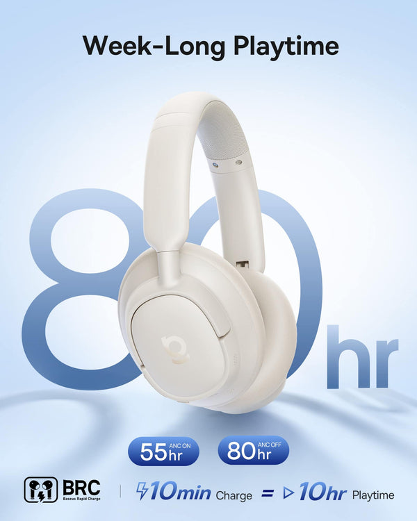 Baseus - Bass BH1 NC Over-the-Ear Headphones,-45 dB ANC,LDAC Hi-Res,80-Hour Playtime,5-Mic Calls,Bluetooth 6.0 - White