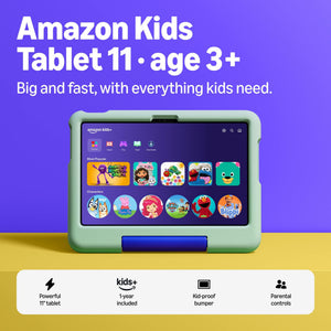 Amazon - Kids Tablet 11 (all-new) ages 3+, 11" 2.5K display, 8GB, includes 1-year Kids+ subscription, parental controls - Cool Green