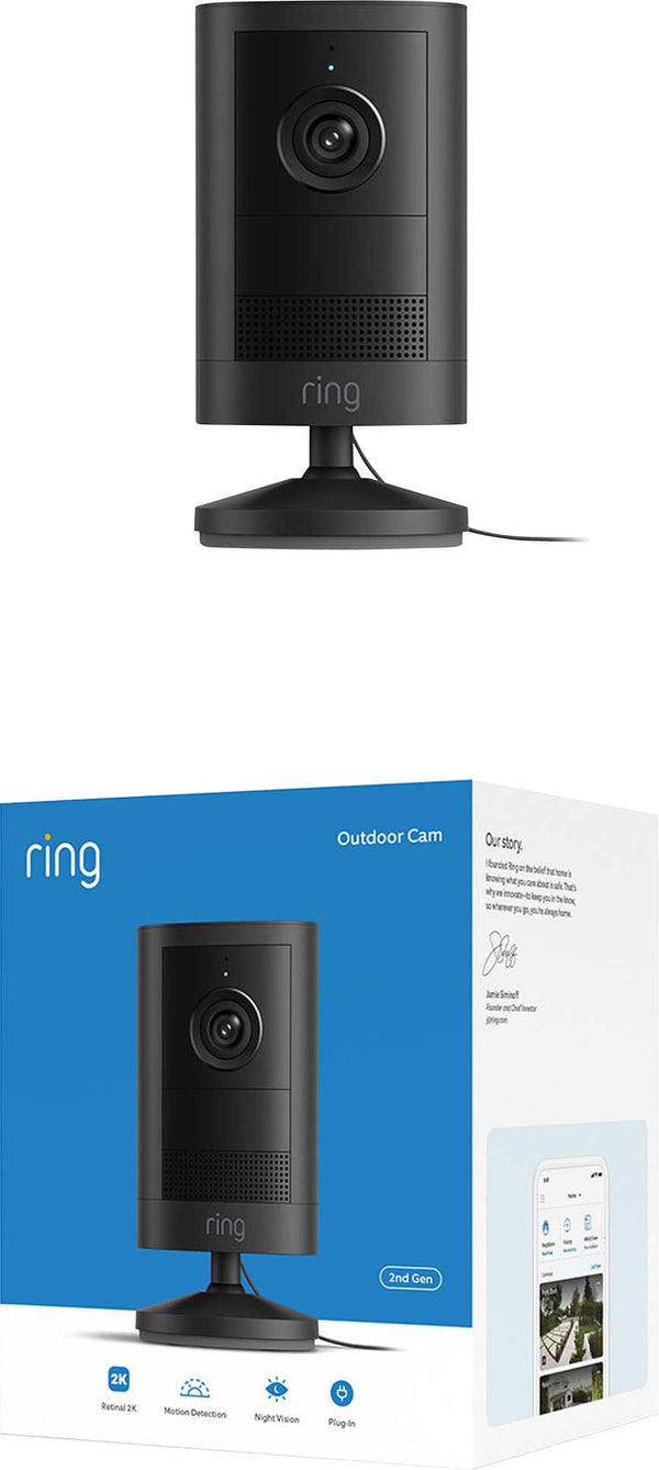 Ring - Outdoor Cam 2K, Plug-In — Wide-Angle Retinal 2K Video, 6x Enhanced Zoom, Night Vision - Black