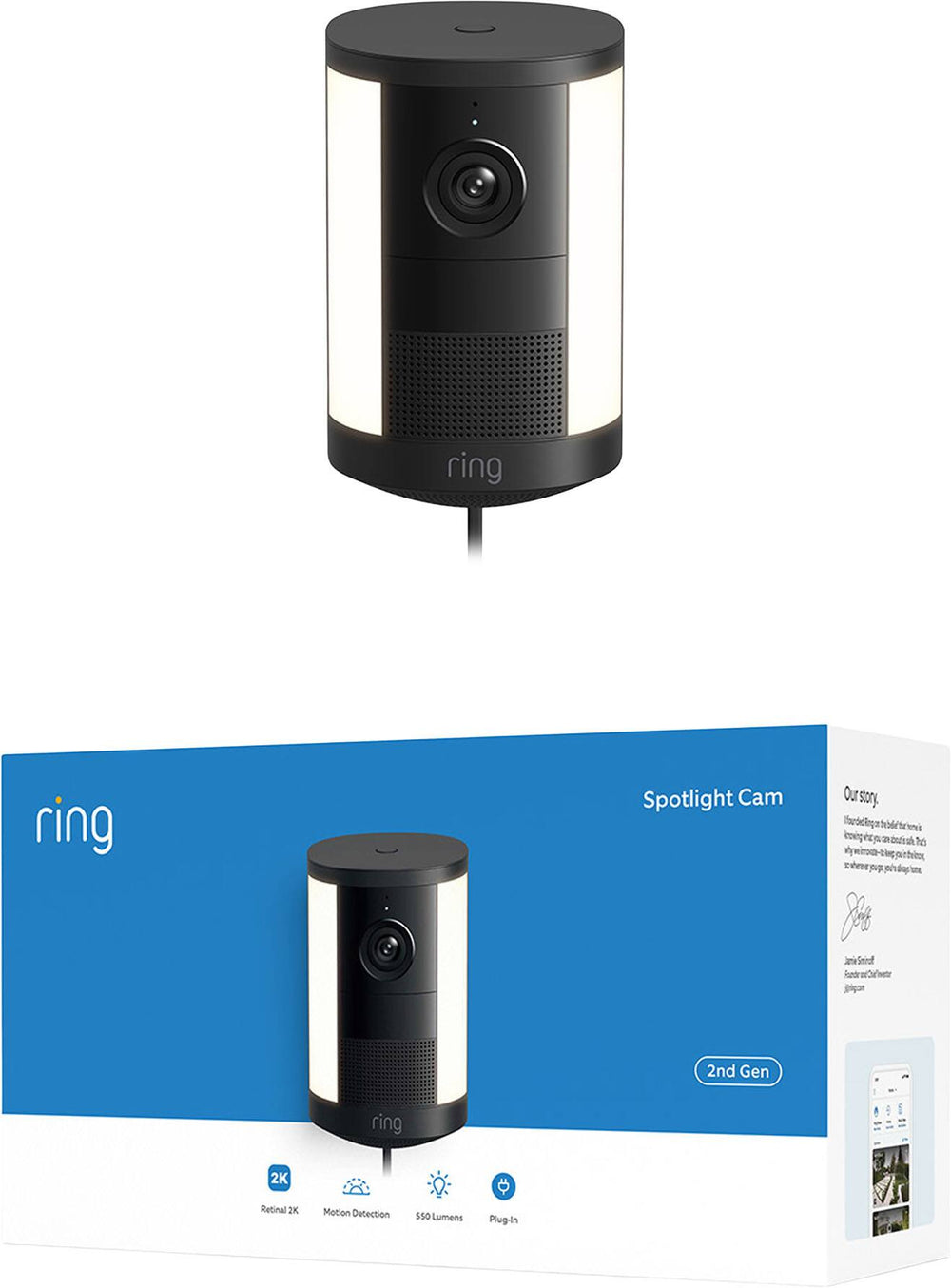 Ring - Spotlight Cam 2K, Plug-in, Home or business security, Wide-Angle Retinal 2K Video, 6x Zoom, Motion-Activated - Black
